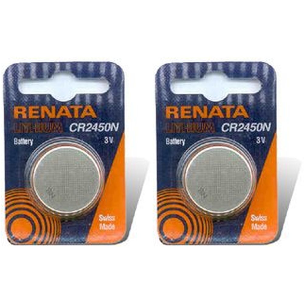 Zwei RENATA Lithium Knopfzellenbatterien CR2450N, 3V, in Blisterverpackung. Aufschrift: Swiss Made.