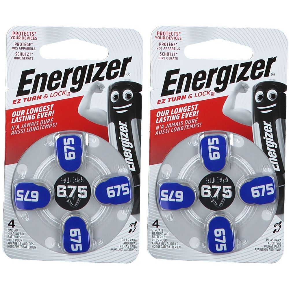 Zwei Packungen Energizer Hörgerätebatterien 675 blau. Jede Packung enthält vier Batterien. Aufschrift: EZ TURN & LOCK, 675.