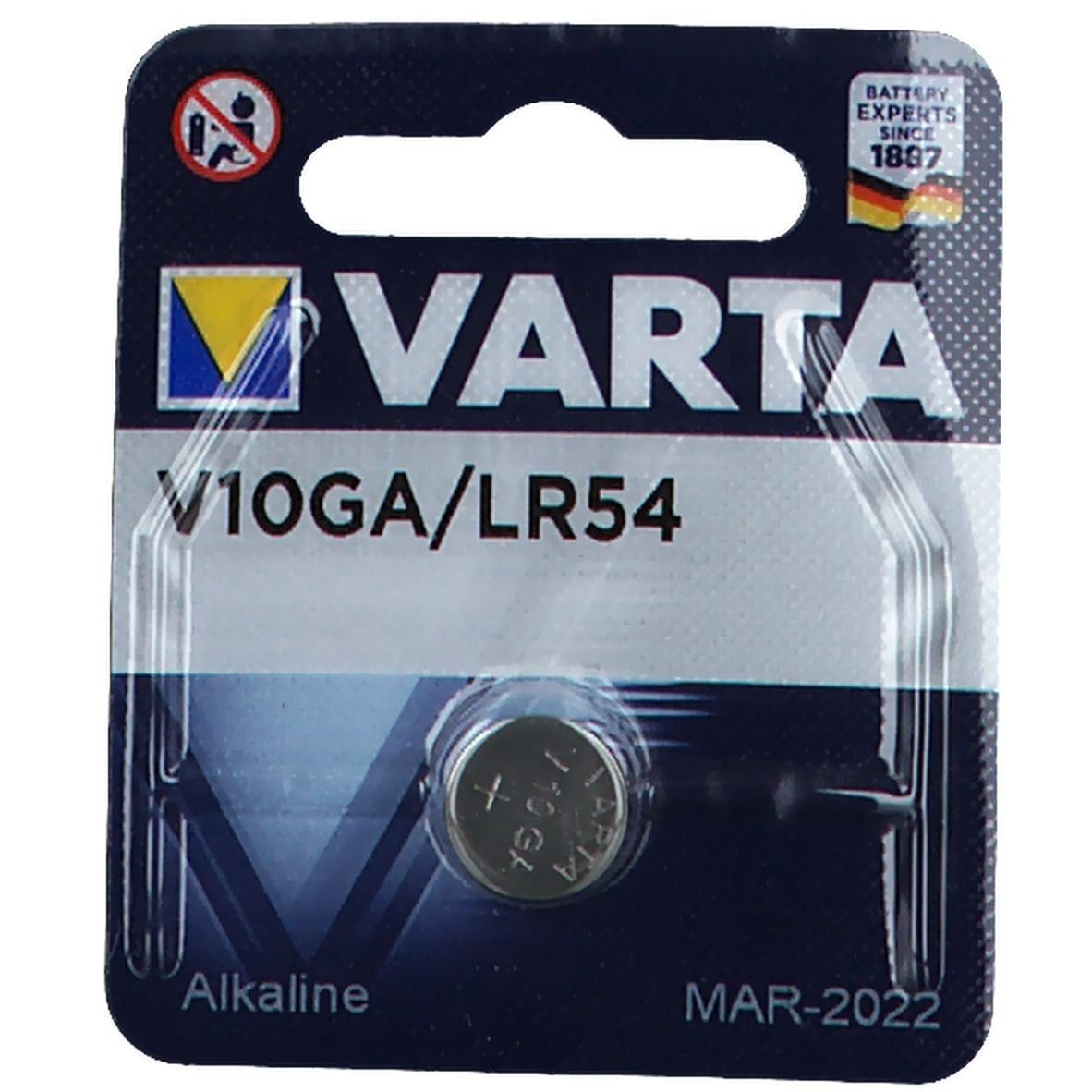VARTA Knopfzelle V10GA/LR54 in Blisterverpackung. Runde Batterie, silberfarben. Aufschrift: Alkaline, MAR-2022. Logo und Schriftzug VARTA.