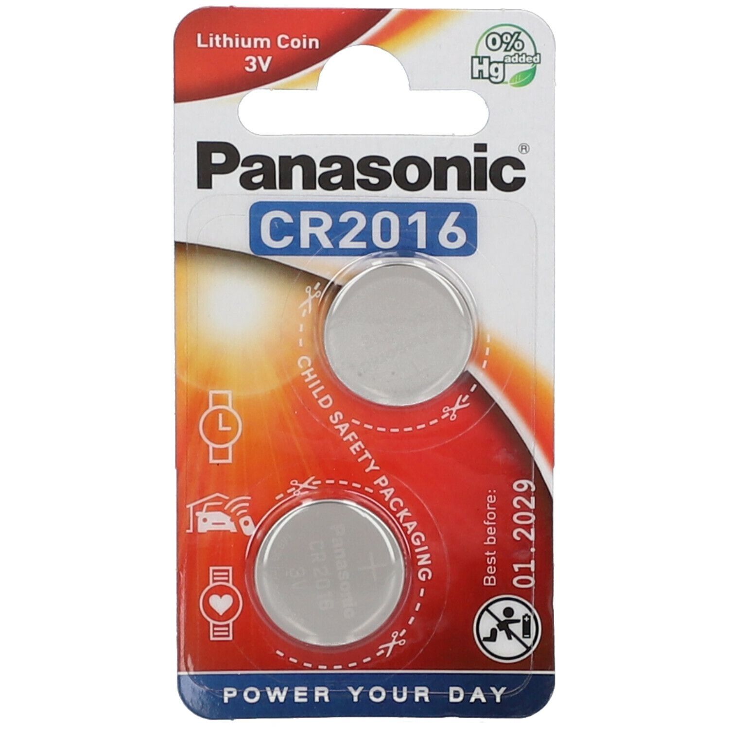 Verpackung mit zwei Lithium-Knopfzellen CR2016 von Panasonic. Aufschrift: CR2016, 3V, 0% Hg added. Haltbarkeit bis 01.2029.