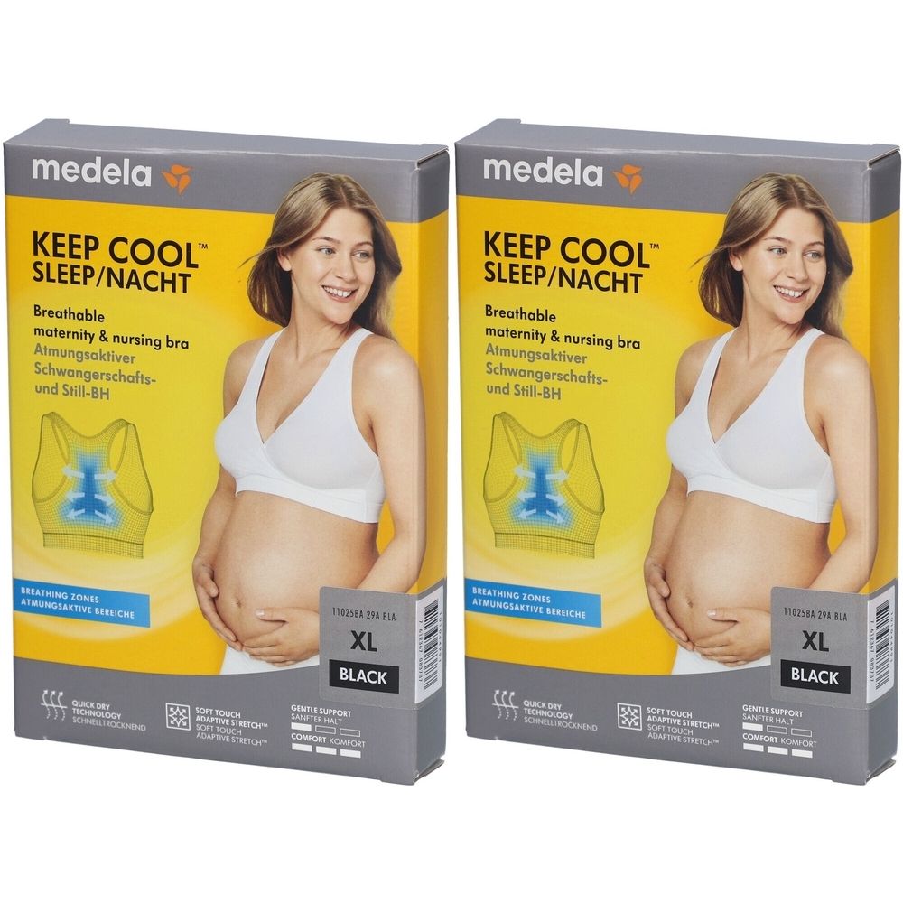 Zwei Produktverpackungen. Aufdruck: Medela Keep Cool Sleep/Nacht, atmungsaktiver Still-BH. Abgebildet ist eine Frau in weißem BH. Größe XL, schwarz.
