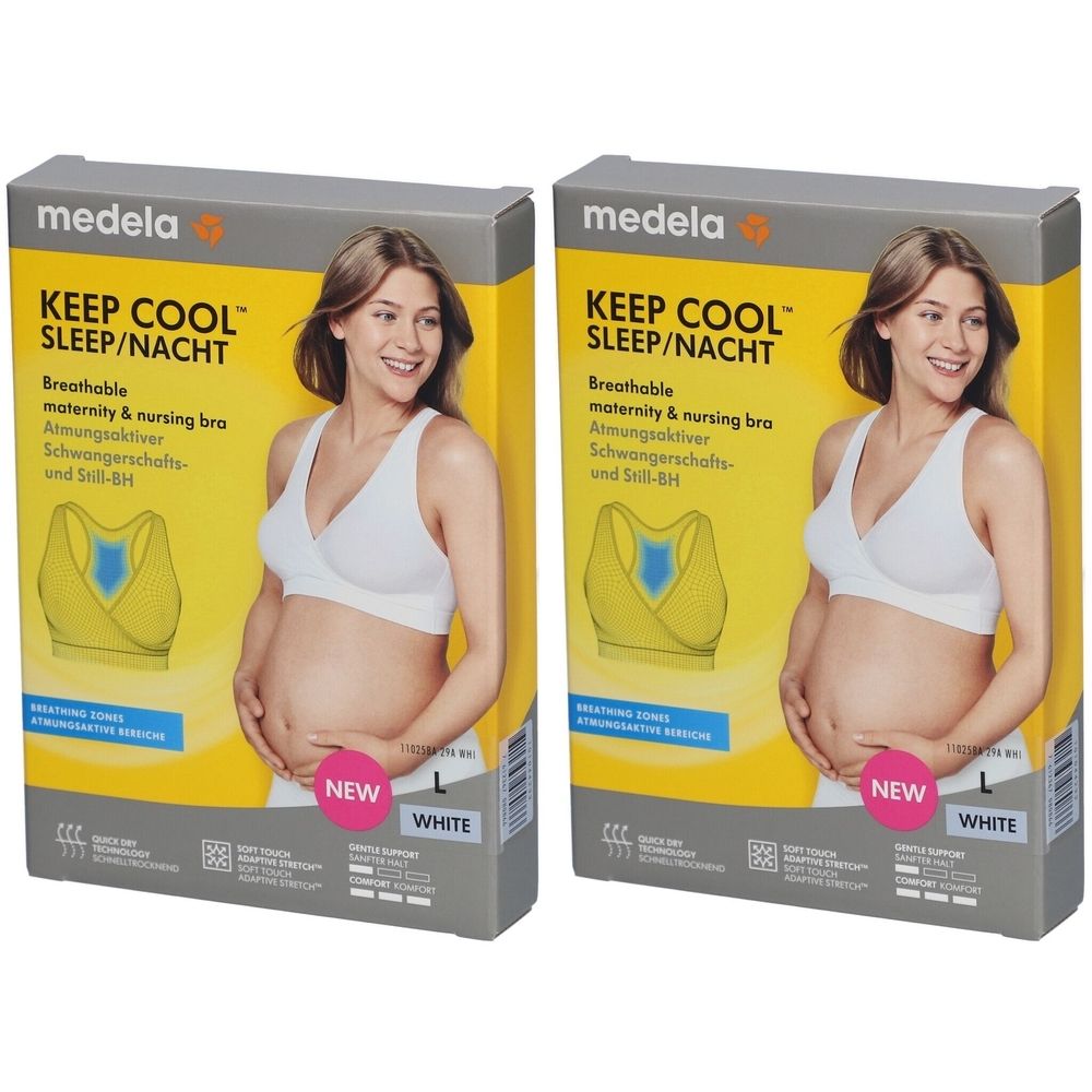 Zwei Produktverpackungen. Aufdruck: medela KEEP COOL SLEEP/NACHT, atmungsaktiver Schwangerschafts- und Still-BH. Abgebildet: Frau im weißen BH. Größe L, weiß.