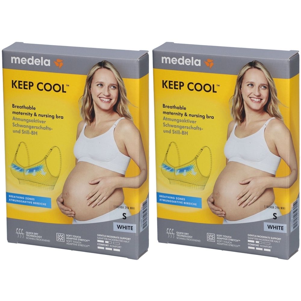 Zwei Schachteln mit weißem Still-BH. Aufdruck: KEEP COOL, atmungsaktiv, Größe S. Abbildung einer schwangeren Frau.