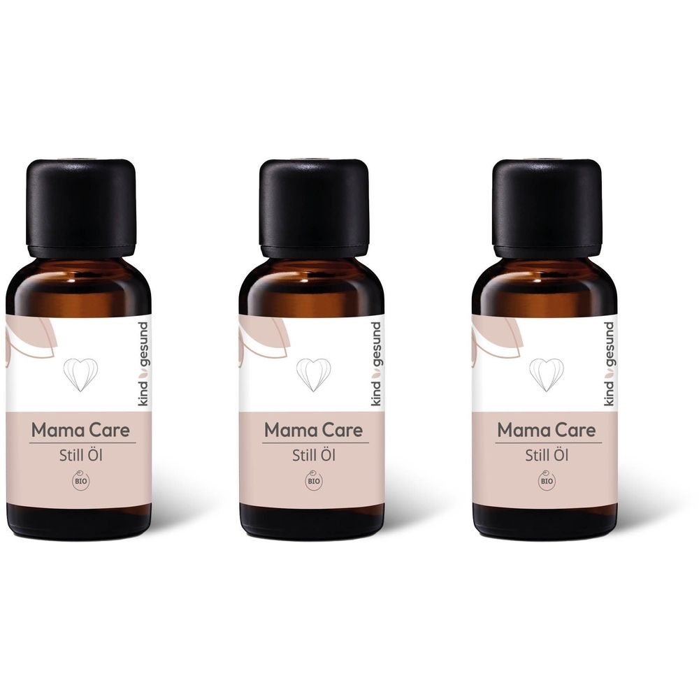 Drei braune Glasflaschen mit schwarzem Deckel. Etikett mit Aufschrift Mama Care Still Öl und Logo. Marke: kindgesund.
