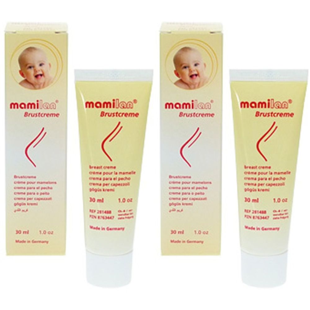 Zwei Tuben und zwei Schachteln mamilan® Brustcreme. Auf den Verpackungen sind ein Baby und Produktinformationen abgebildet.