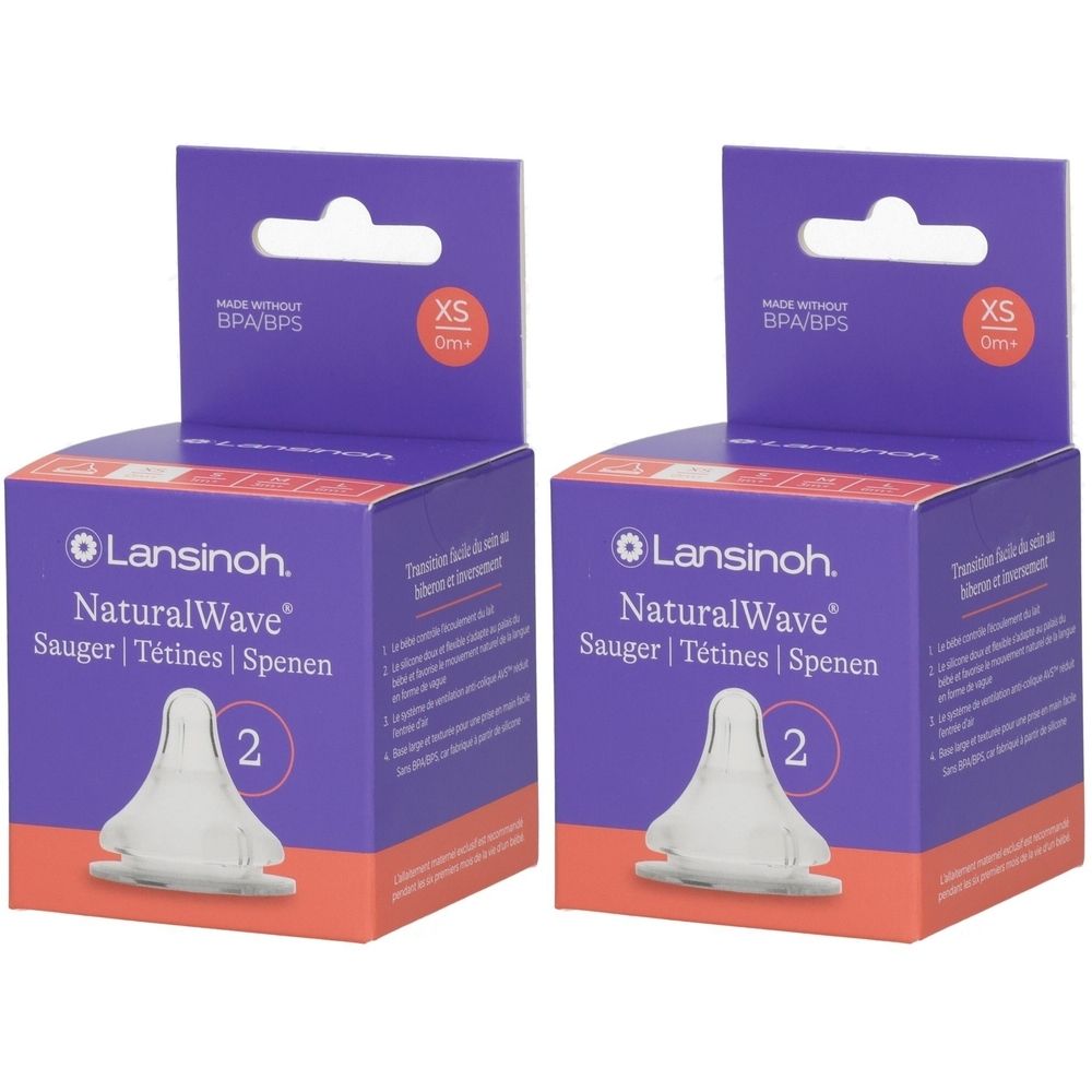 Zwei Packungen Lansinoh NaturalWave Sauger. Auf jeder Packung steht "XS". Die Verpackung ist lila und hat einen Aufhänger.