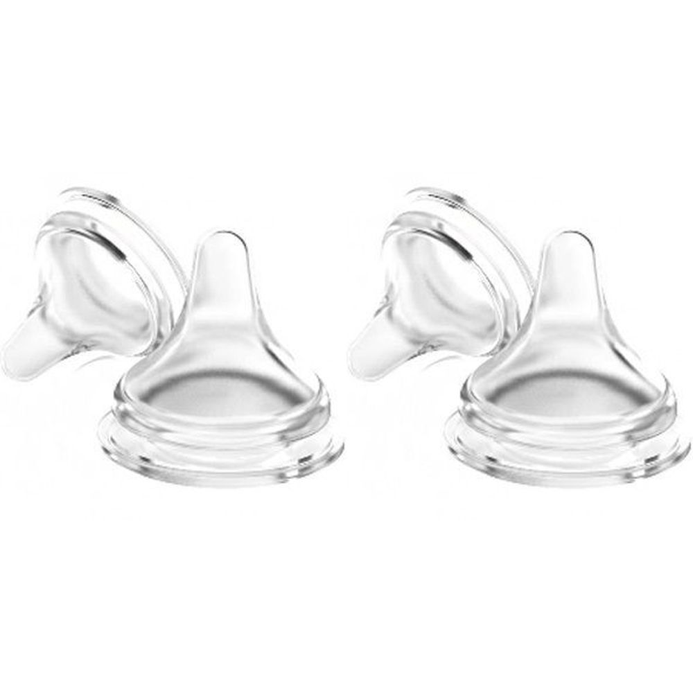 Vier transparente Silikonsauger. Jedes hat eine runde Basis und eine längliche Spitze. Die Sauger sind in einer Gruppe angeordnet.