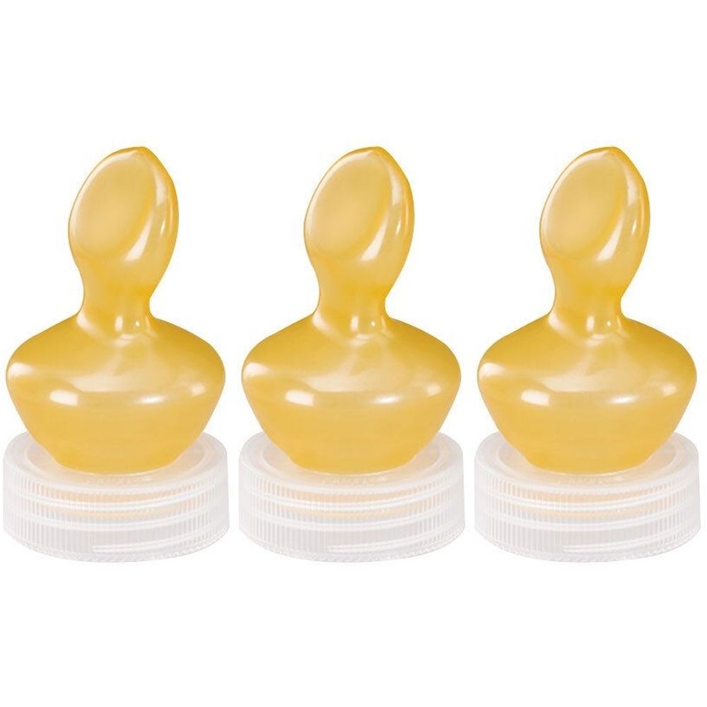 Drei gelbliche Latex-Sauger mit weißem Schraubverschluss. Die Sauger haben eine spezielle Form.