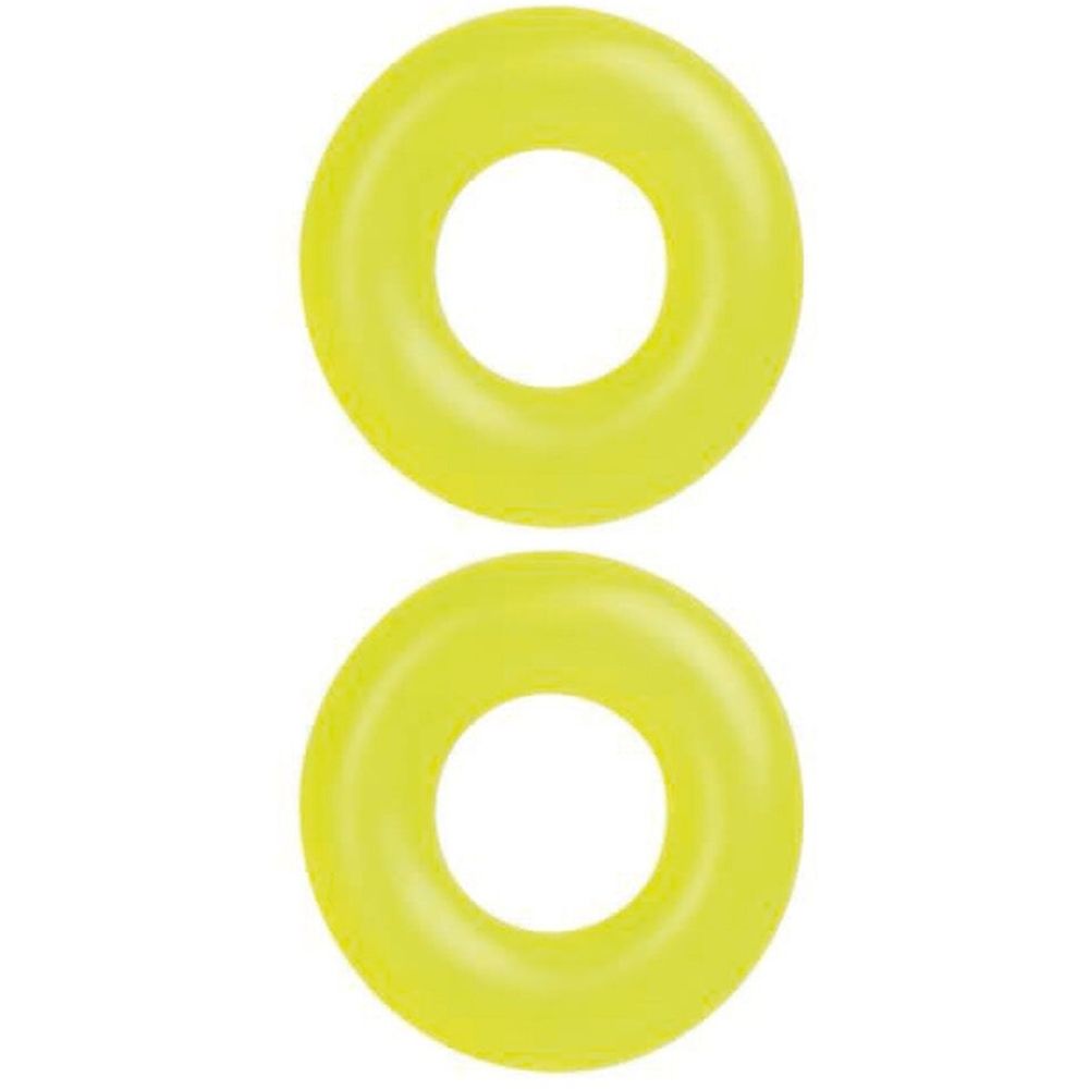 Zwei gelbe, ringförmige Produkte mit einem Loch in der Mitte. Sie liegen nebeneinander auf weißem Hintergrund.