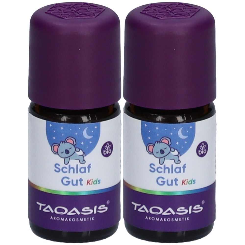 Zwei Fläschchen mit lila Deckel. Auf dem Etikett: Koala, Mond, Sterne, Schriftzug Schlaf Gut Kids und TAOASIS Aromakosmetik.