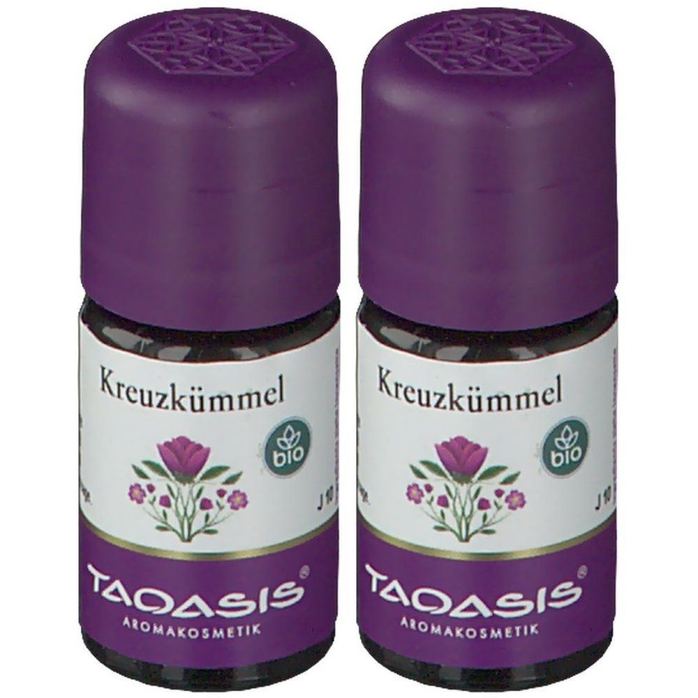 Zwei kleine Flaschen mit lila Deckeln. Auf den Etiketten steht "Kreuzkümmel" und "TAOASIS". Bio-Siegel.