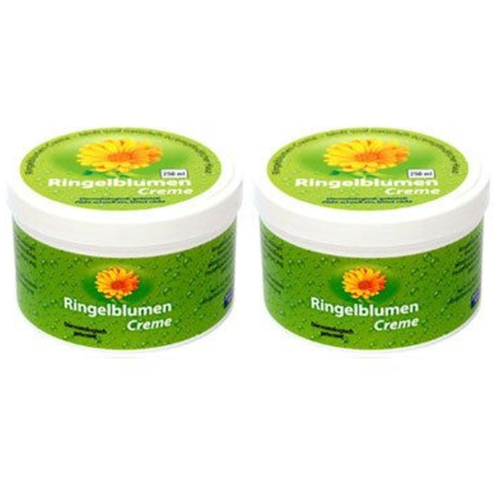 Zwei Tiegel Avitale Ringelblumen Creme. Weiße Tiegel mit grünem Etikett, gelber Blüte und Produktbezeichnung.