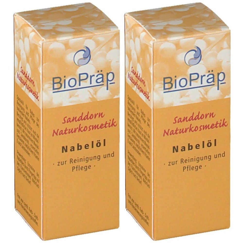 Zwei rechteckige Kartons. Aufschrift: BioPräp, Sanddorn Naturkosmetik, Nabelöl zur Reinigung und Pflege. Farbgebung: Orange und Weiß.