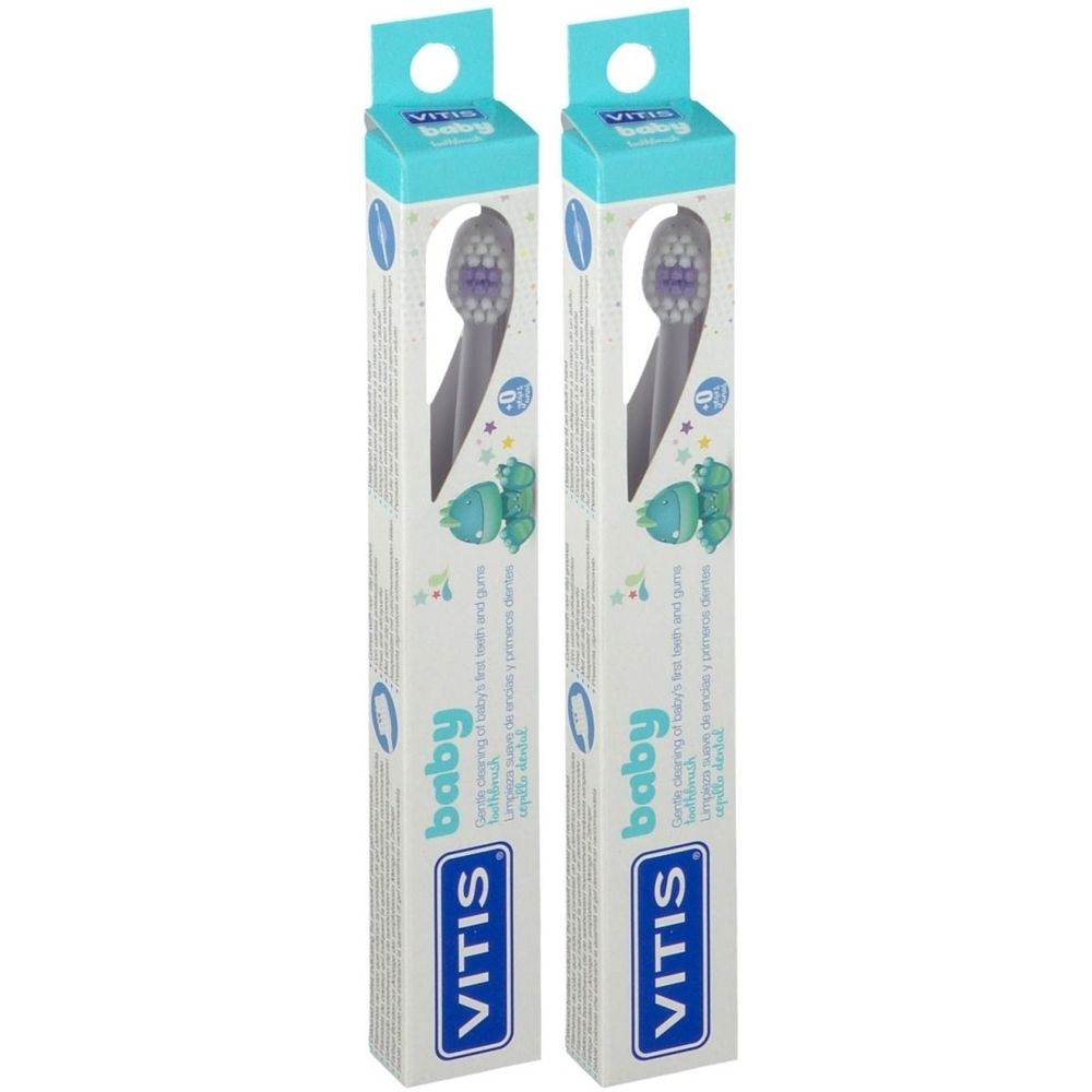 Zwei Zahnbürsten für Babys in Verpackung. Marke VITIS, Schriftzug baby. Hellgraue Bürstenköpfe, blaue Verpackung.