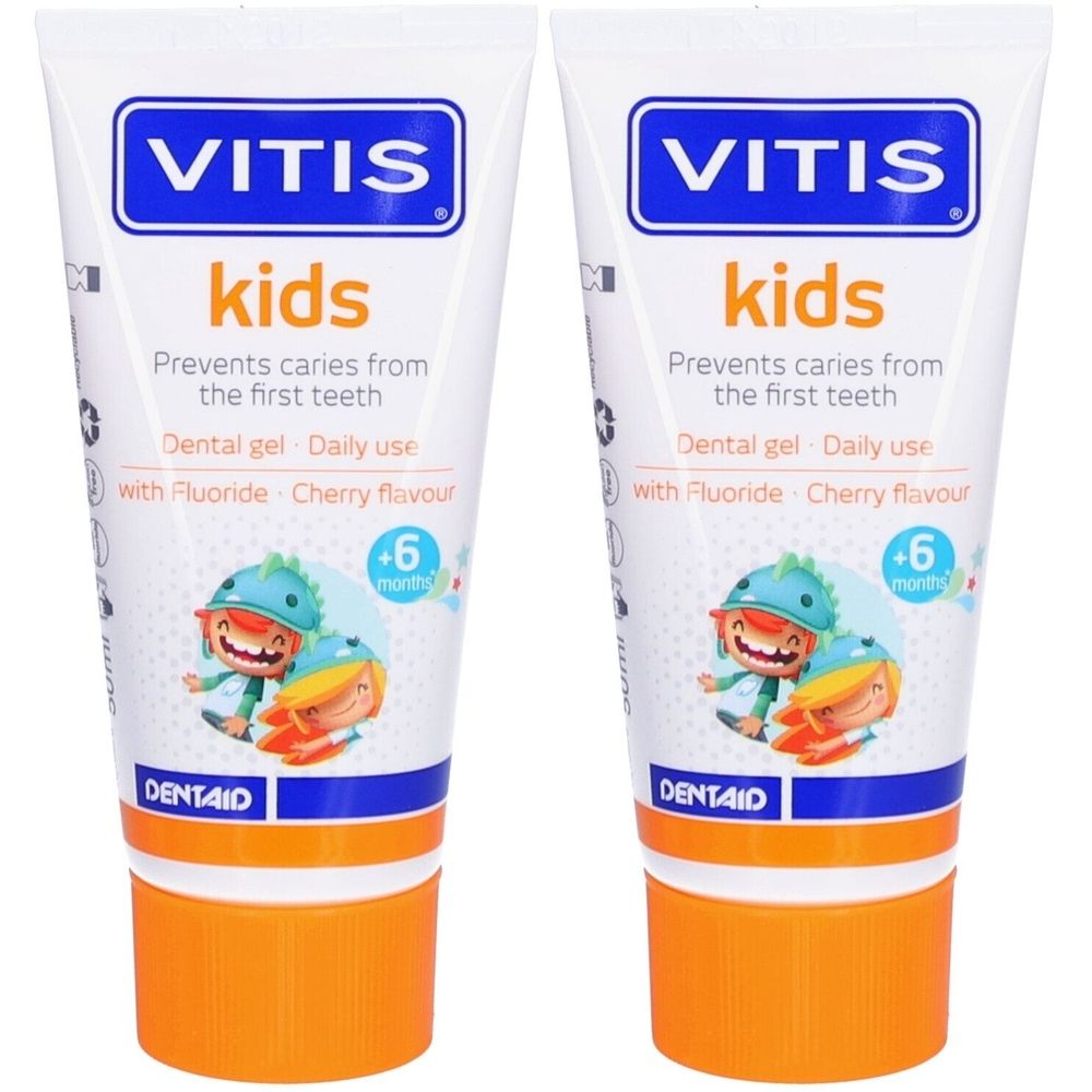 Zwei Tuben Zahngel. Weiß mit blauem Logo und orangefarbenem Verschluss. Aufschrift: VITIS kids, Dentalgel, +6 Monate.
