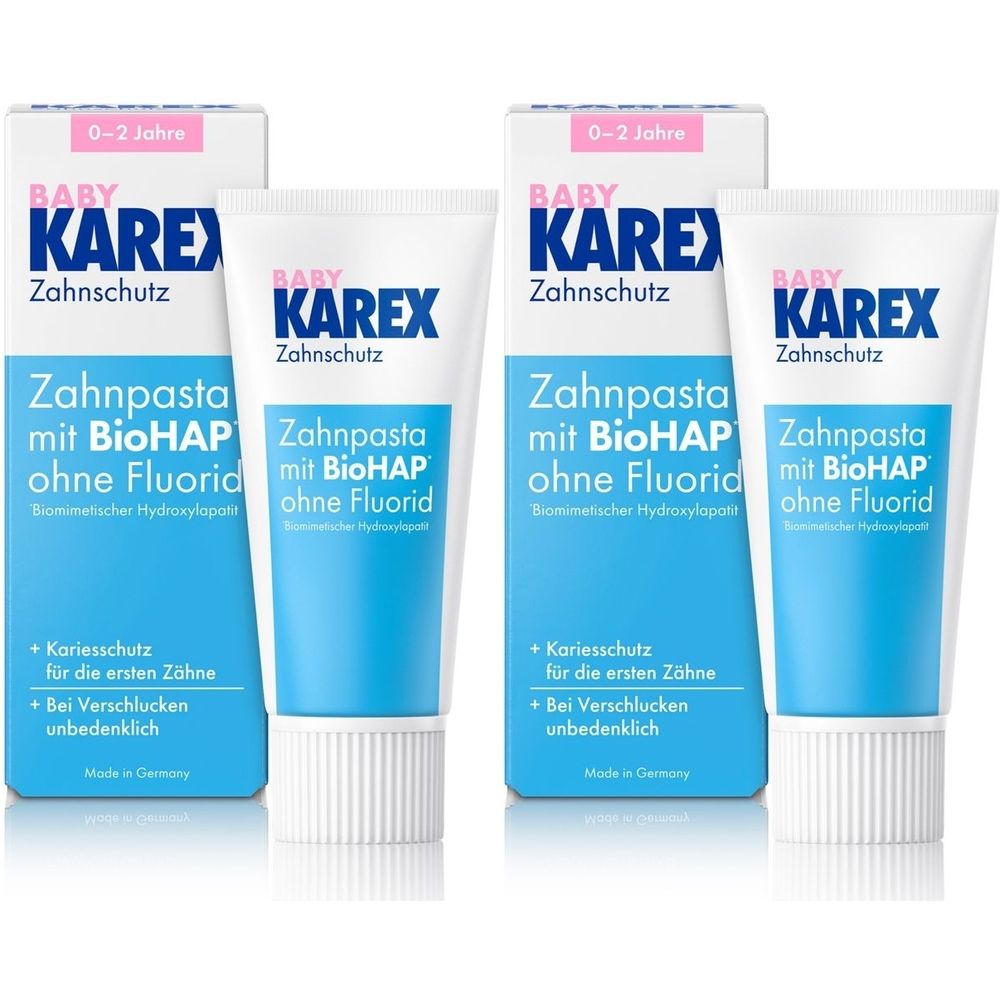Zahncreme-Tuben und Kartons. Aufschrift: BABY KAREX Zahnschutz, Zahnpasta mit BioHAP ohne Fluorid. Für 0-2 Jahre.