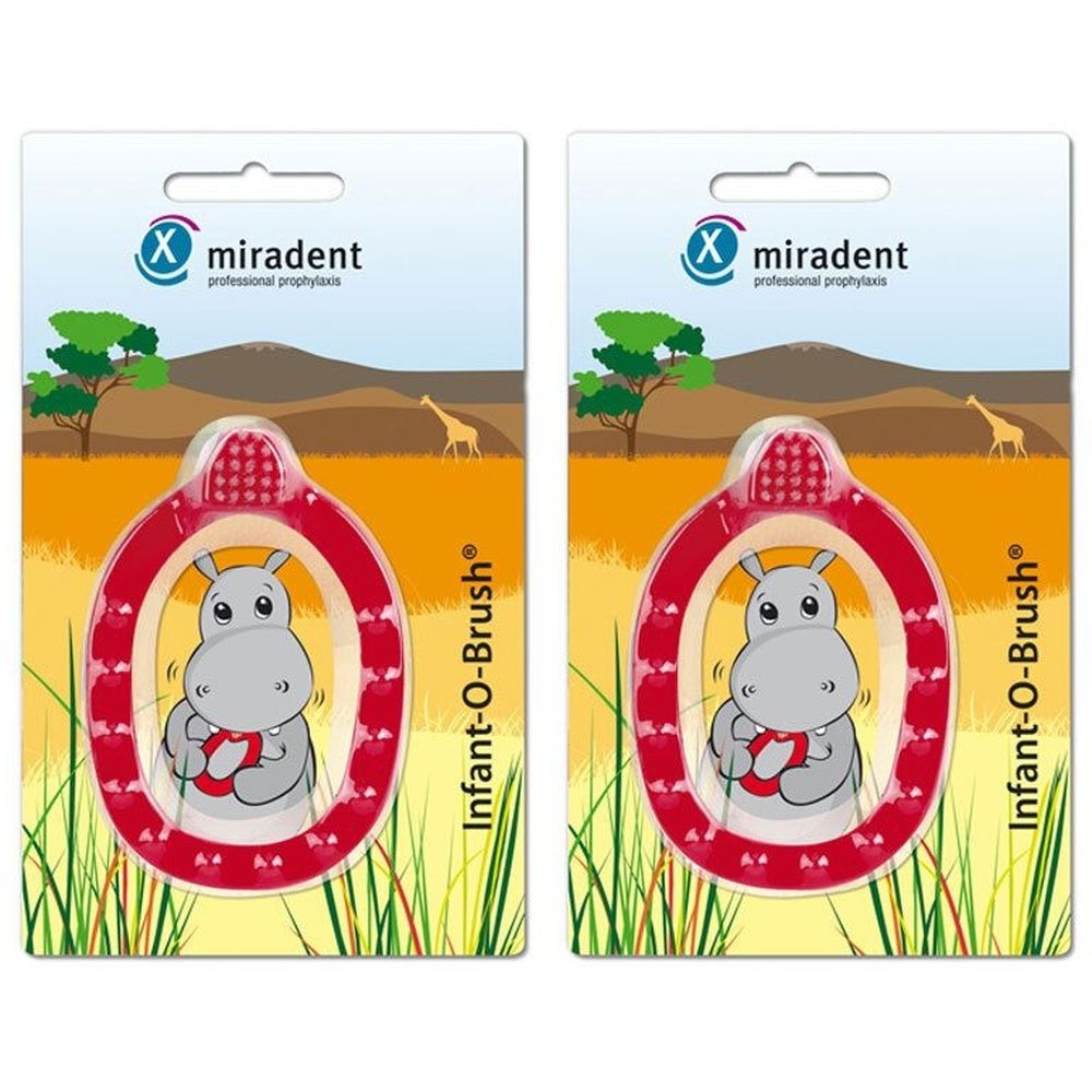 Zwei Zahnbürsten auf Verpackung. Rote, ringförmige Bürsten mit Nilpferd-Motiv. Marke: miradent, Schriftzug: Infant-O-Brush.
