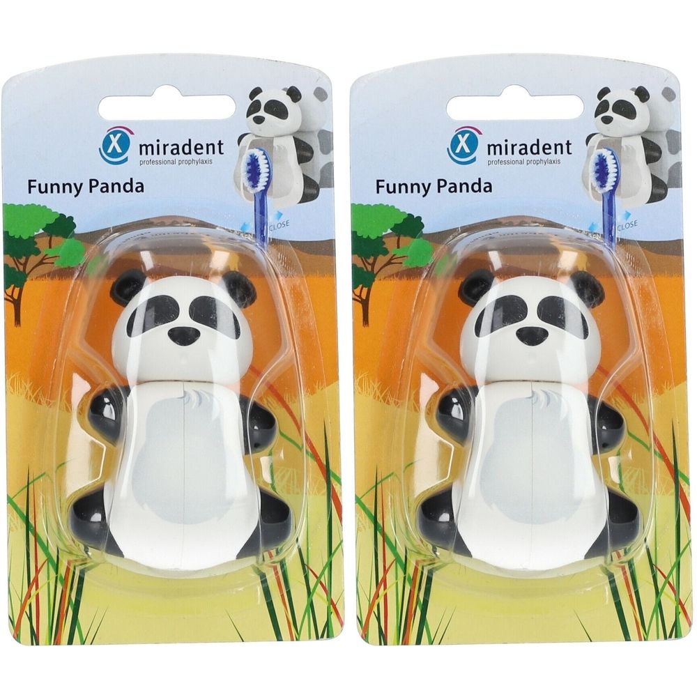 Zwei Zahnbürstenhalter in Panda-Form. Weiß, schwarz. Verpackt in Blisterverpackung. Aufschrift: miradent, Funny Panda.