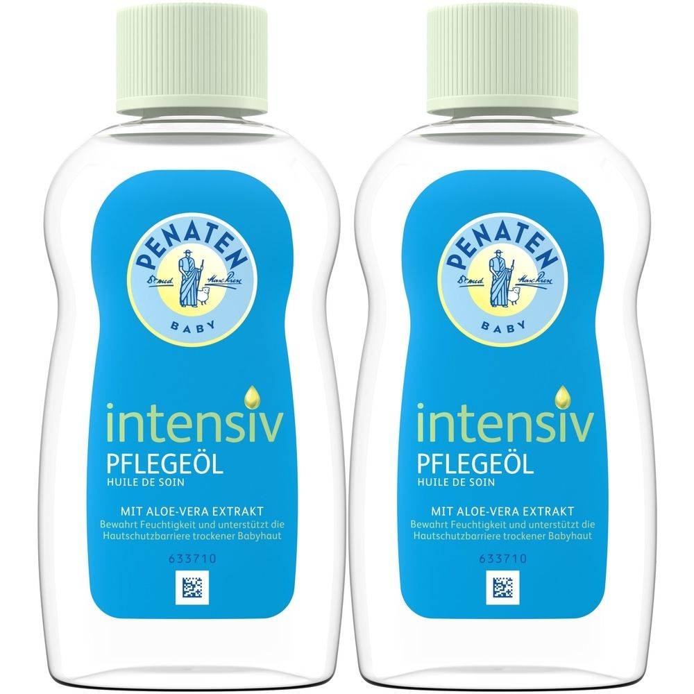 Zwei Flaschen PENATEN® BABY intensiv Pflegeöl. Blaue Etiketten mit weißer Schrift. Hellgrüner Verschluss. Produktname und Logo deutlich sichtbar.