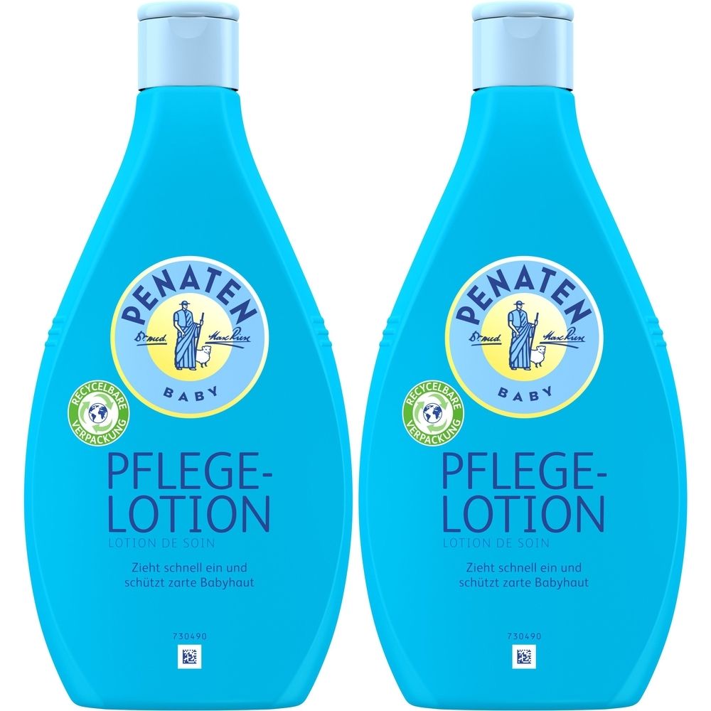 Zwei blaue Flaschen PENATEN® Pflegelotion. Aufschrift: PFLEGE-LOTION, BABY. Mit Logo und Recycling-Siegel. Hellblauer Deckel.
