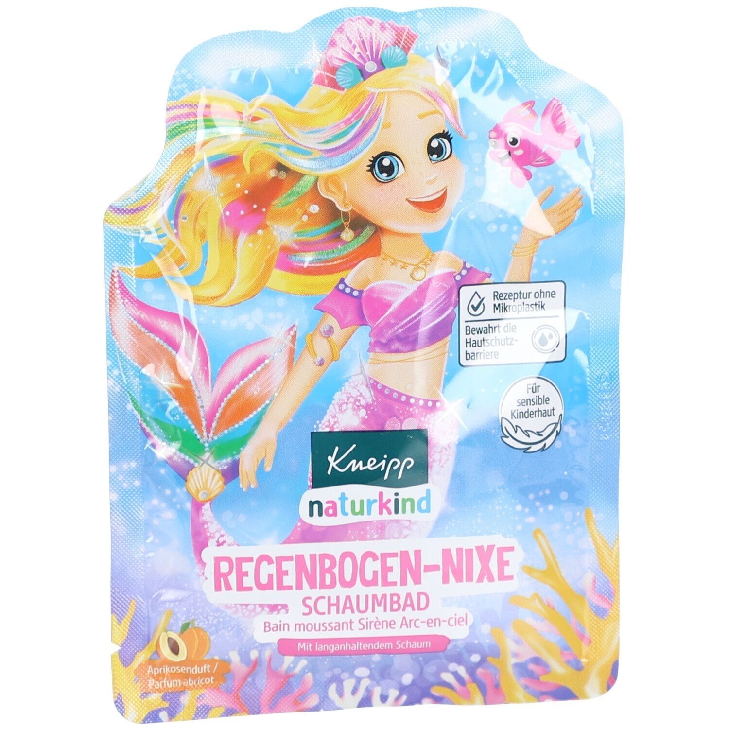 Verpackung mit Abbildung einer Meerjungfrau. Text: Kneipp naturkind REGENBOGEN-NIXE SCHAUMBAD. Enthält Informationen für empfindliche Kinderhaut.