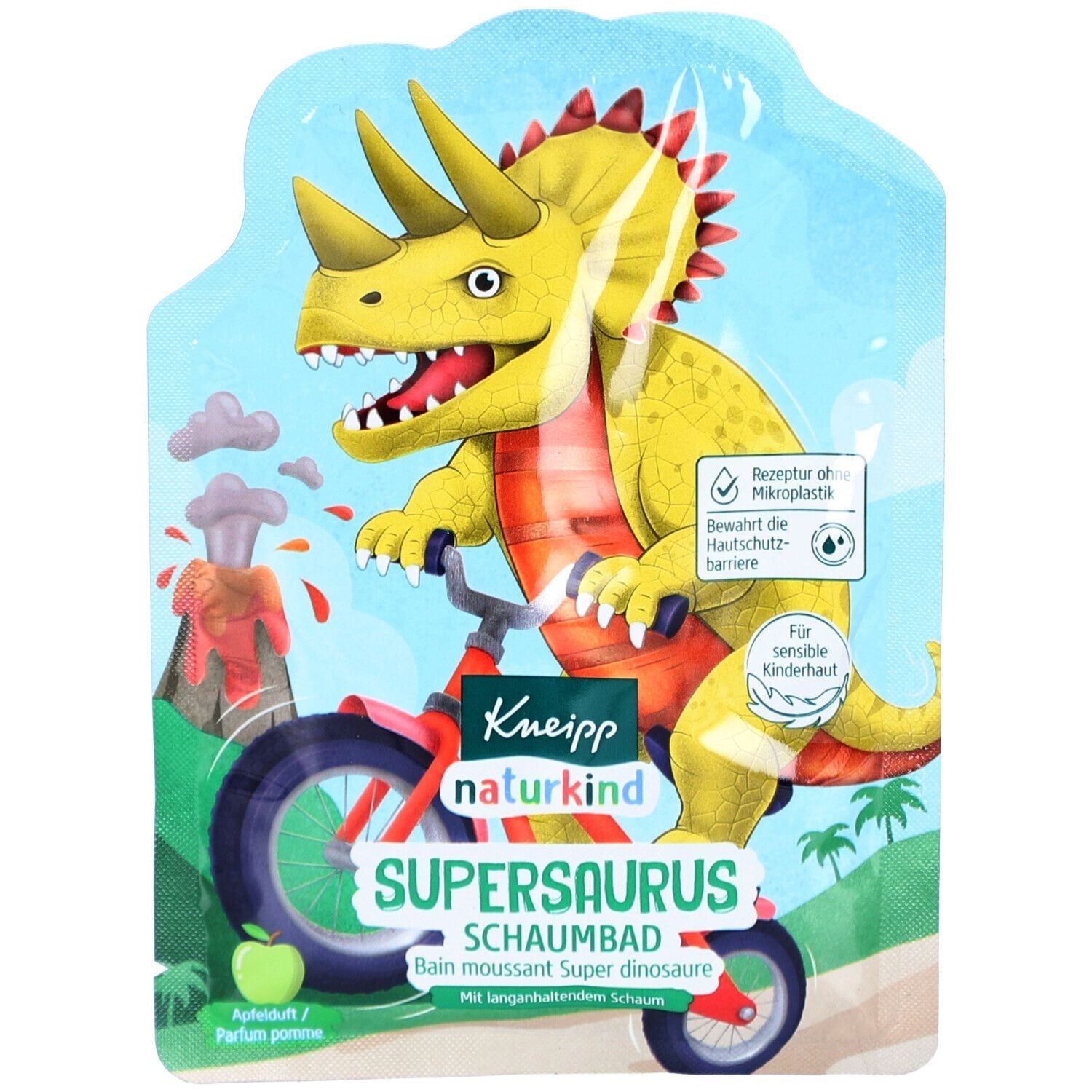 Verpackung mit Dinosaurier-Illustration. Enthält Schaumbad. Marke Kneipp Naturkind. Text: Supersaurus, Apfelduft, für sensible Kinderhaut.