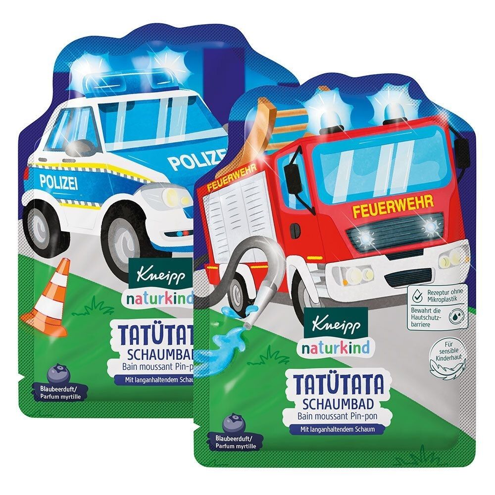 Zwei Beutel Kneipp Naturkind Schaumbad Tatütata. Aufdrucke: Polizei- und Feuerwehrwagen. Text: Schaumbad, Blaubeerduft, Mit langanhaltendem Schaum.