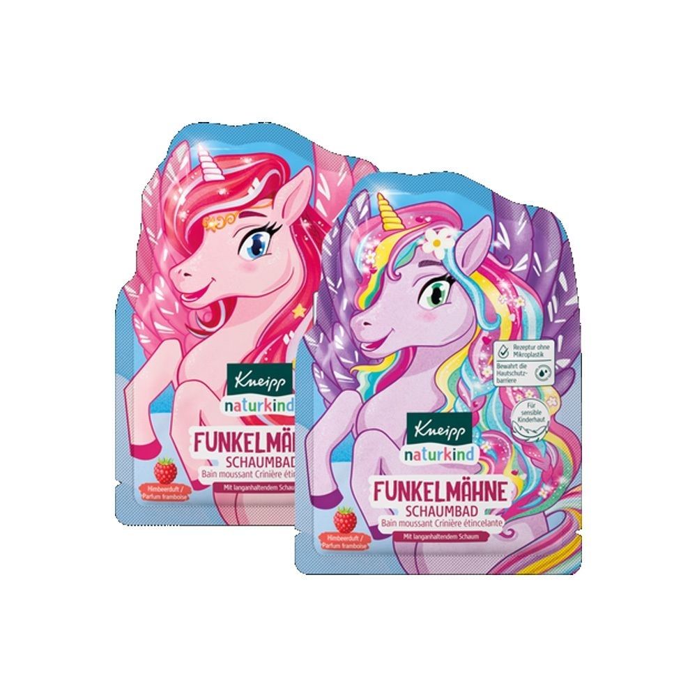Zwei Packungen Kneipp Naturkind Schaumbad Funkelmähne. Jede Packung zeigt ein Einhorn-Design. Text: Schaumbad, Funkelmähne, Kneipp Naturkind.