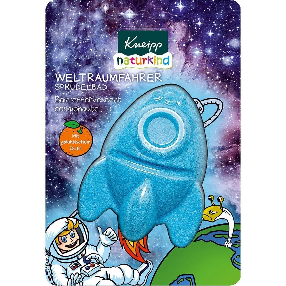 Blaues Sprudelbad in Raketenform. Verpackung mit Weltraum-Illustration und Produktnamen. Kneipp naturkind Weltraumfahrer.