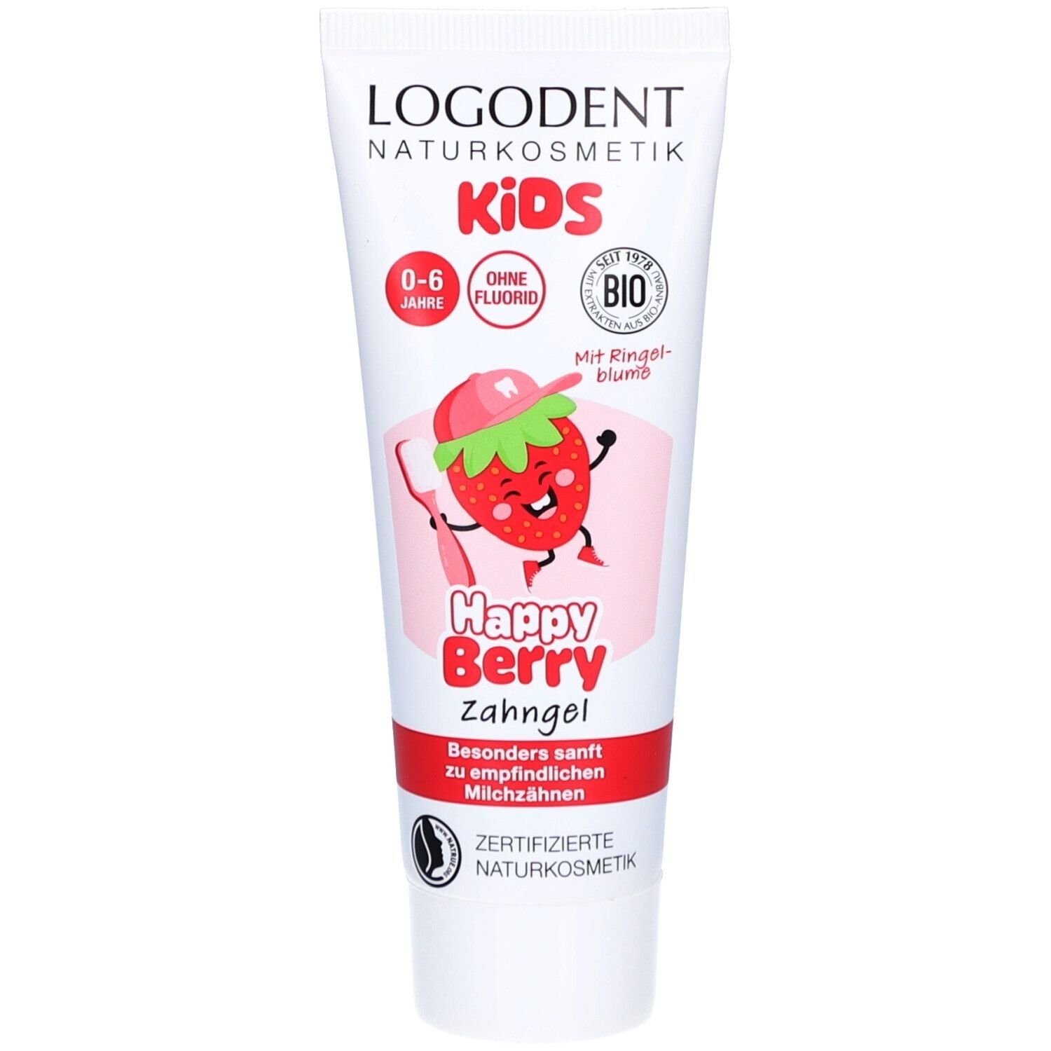 Zahngel-Tube für Kinder. Weiß, mit Logo und Illustration einer Erdbeere. Aufschrift: Happy Berry, ohne Fluorid, 0-6 Jahre.