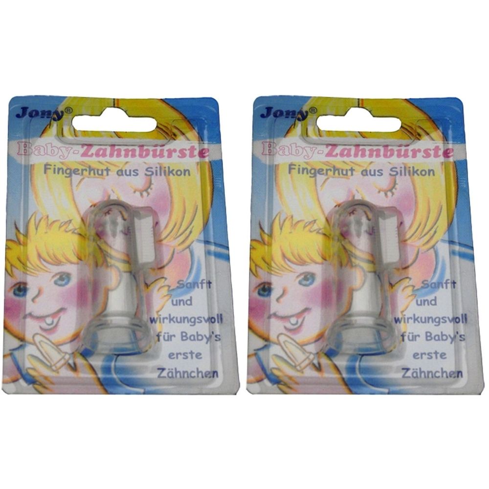 Zwei Baby-Zahnbürsten Fingerhut aus Silikon in Blisterverpackung. Aufdruck: Baby-Zahnbürste, Fingerhut aus Silikon, Jony.