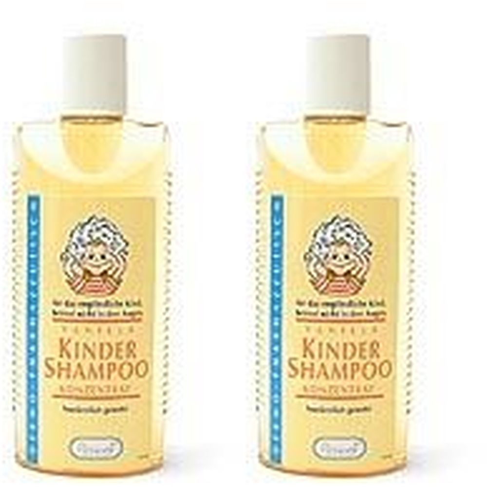 Zwei Flaschen Kindershampoo mit weißem Deckel. Auf gelbem Etikett: Kinder-Illustration, Schriftzug KINDER SHAMPOO, Floracell.