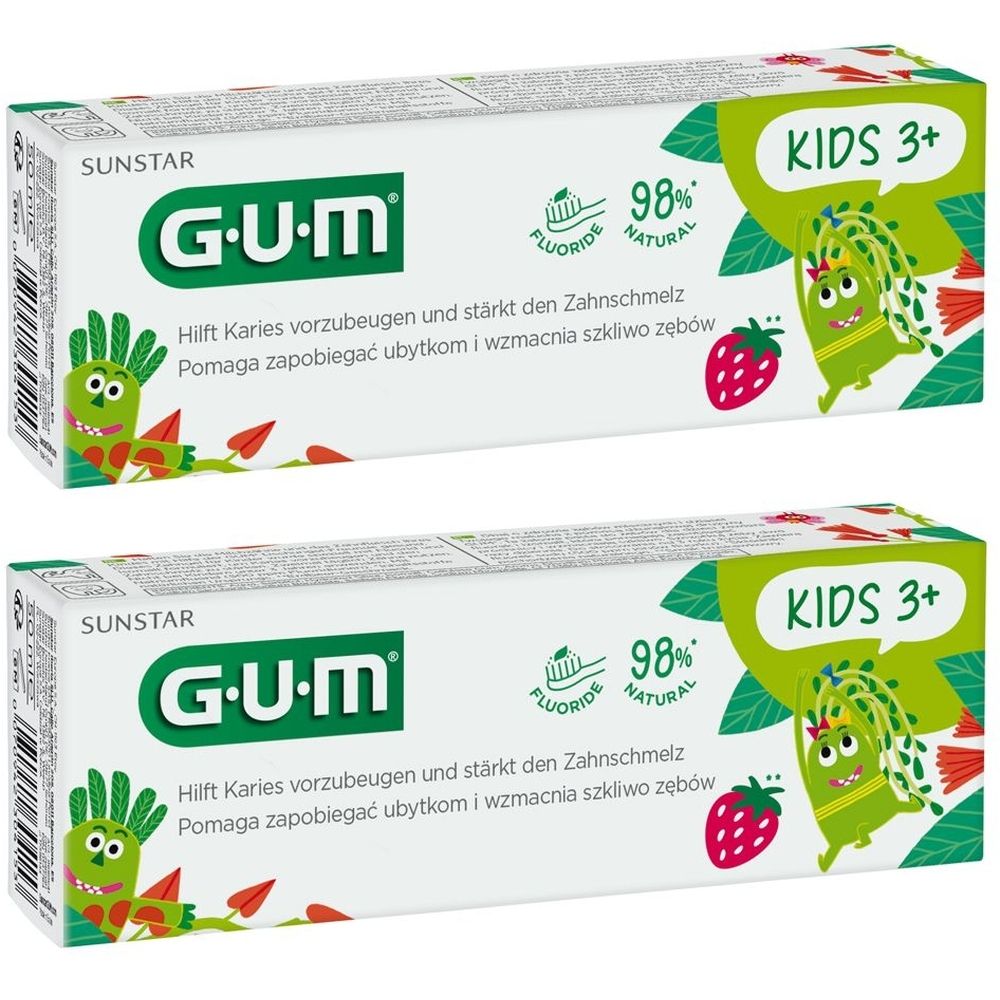 Zwei Tuben Zahngel. Weiße Verpackung mit grünem Logo und Illustrationen. Aufschrift: KIDS 3+ und 98% natural.