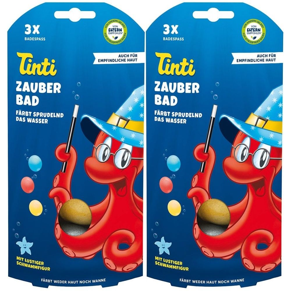 Zwei blaue Verpackungen mit Tinti Zauberbad. Aufdruck: roter Oktopus mit Zauberstab, Text und Sterne. Auch für empfindliche Haut.