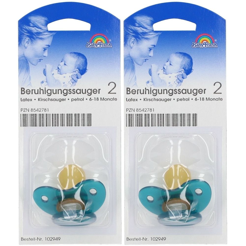 Zwei Baby-Schnuller in Blisterverpackung. Petrolfarbene Sauger mit gelbem Mittelteil. Aufschrift: Beruhigungssauger, 6-18 Monate.