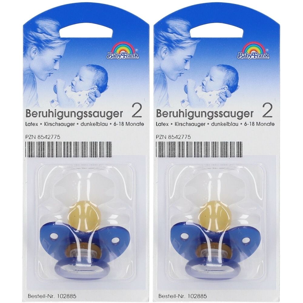 Zwei Baby-Schnuller in Blisterverpackung. Dunkelblauer Sauger, gelber Knopf. Marke: Baby-Frank. Text: Beruhigungssauger, 6-18 Monate.