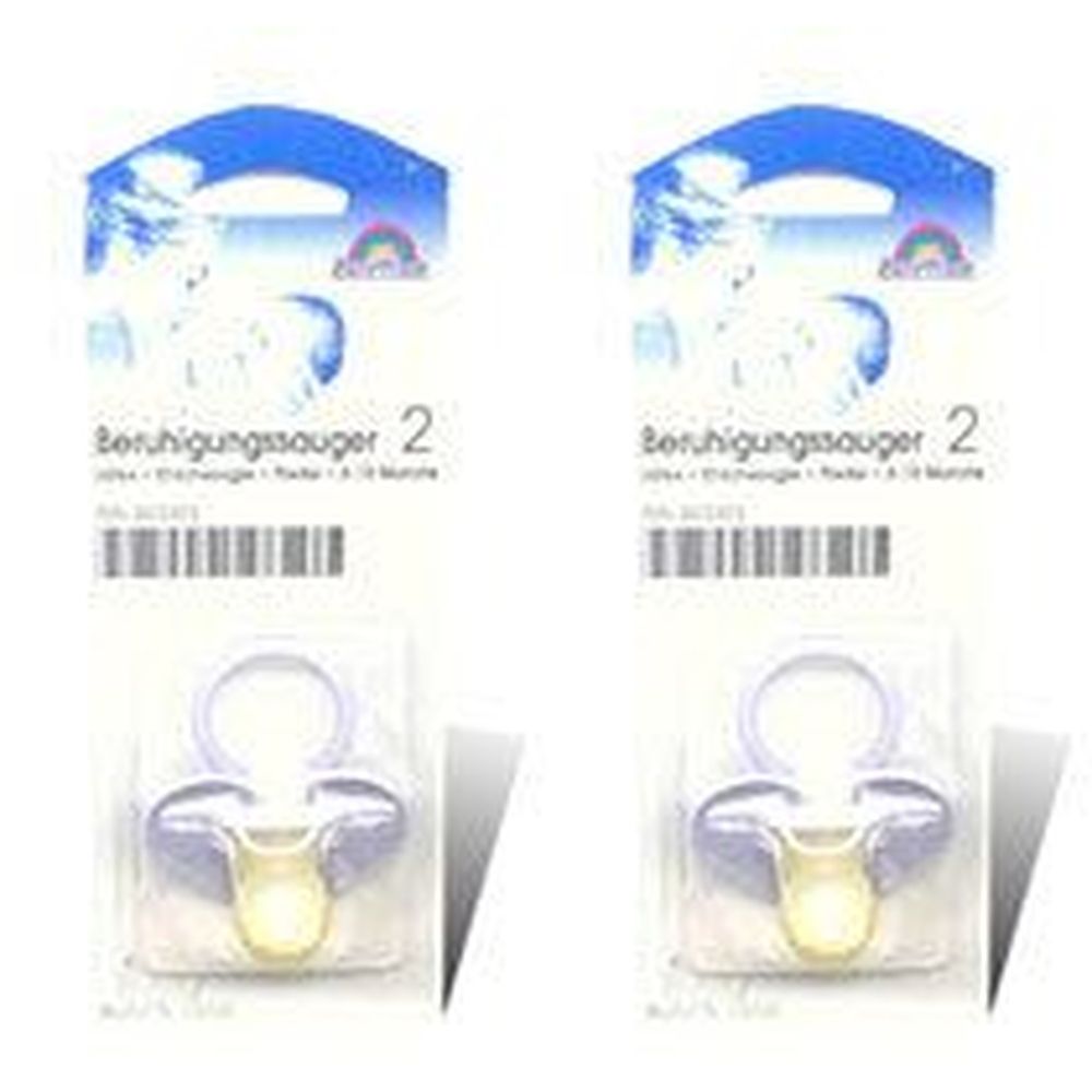 Zwei Schnuller in Verpackung. Sauger aus transparentem Material, Schild lila. Aufschrift: Beruhigungssauger 2, 6-18 Monate.