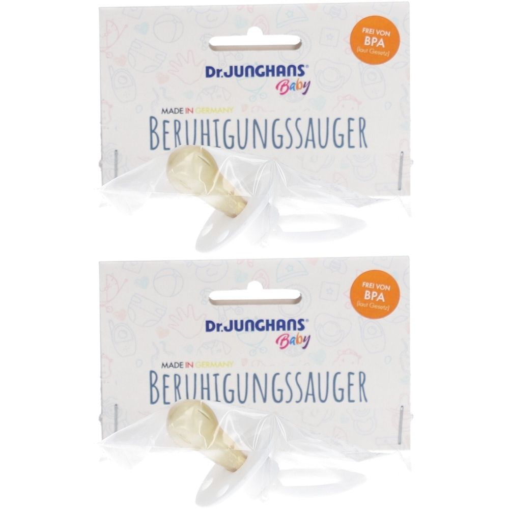 Zwei Schnuller in Verpackung. Marke Dr. Junghans Baby. Aufschrift: Beruhigungssauger. Frei von BPA.