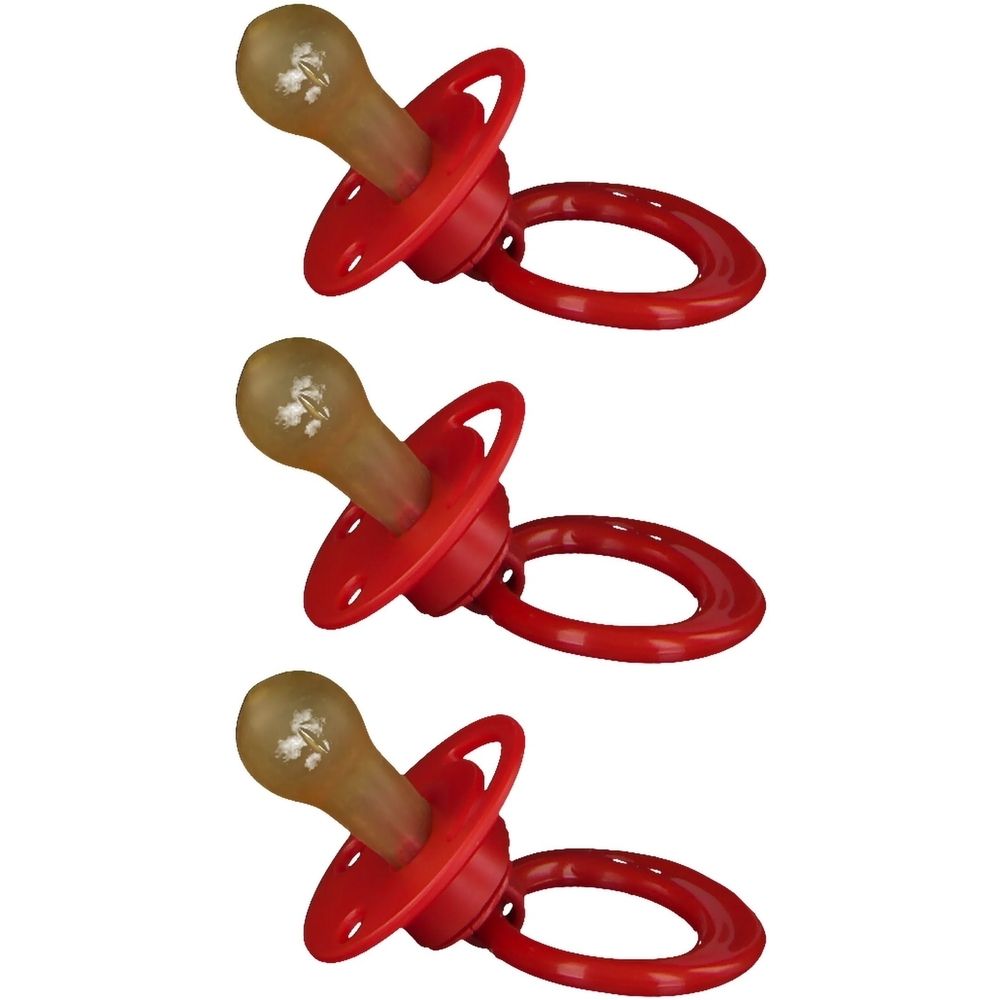 Drei rote Schnuller mit Latex-Sauger in Kirschform. Jeder Schnuller hat einen roten Ring und eine runde Scheibe.