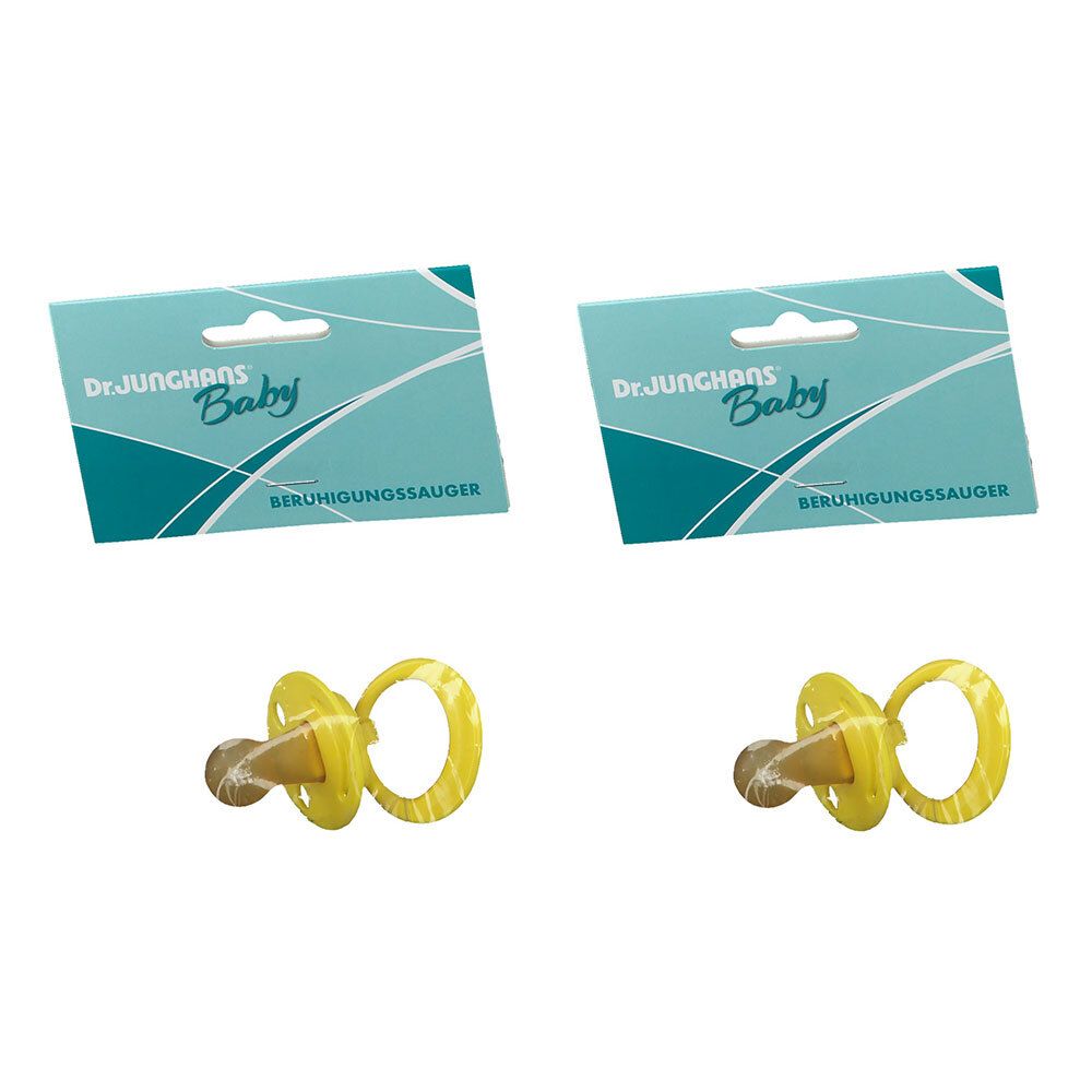 Zwei gelbe Schnuller mit Verpackung. Auf der Verpackung steht "Dr. Junghans Baby Beruhigungssauger".