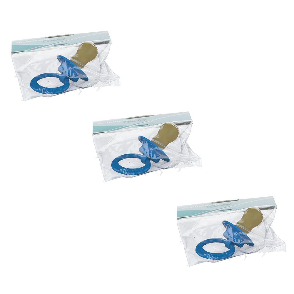 Drei Schnuller in Plastikbeuteln. Blaue Ringe, gelbliche Sauger. Verpackung mit Reißverschluss.