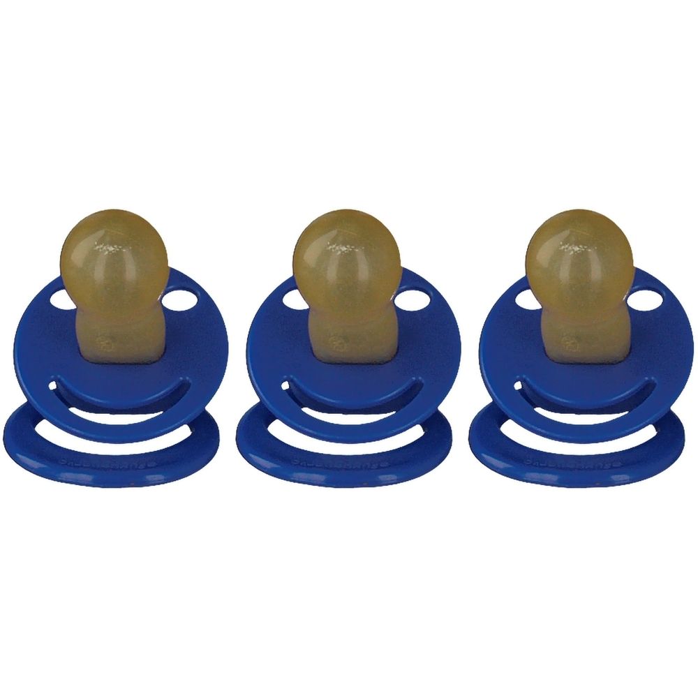 Drei Schnuller mit dunkelblauen Schildern und gelbbraunen Saugern. Kirschform. Latex. Ab 6 Monaten.