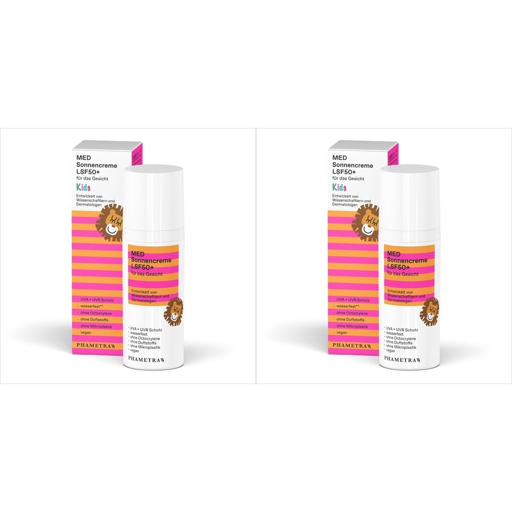 Sonnencreme-Flasche und -Verpackung. Weiße Flasche mit roter und gelber Schrift. Verpackung mit rosa und orangefarbenen Streifen und Löwen-Illustration.