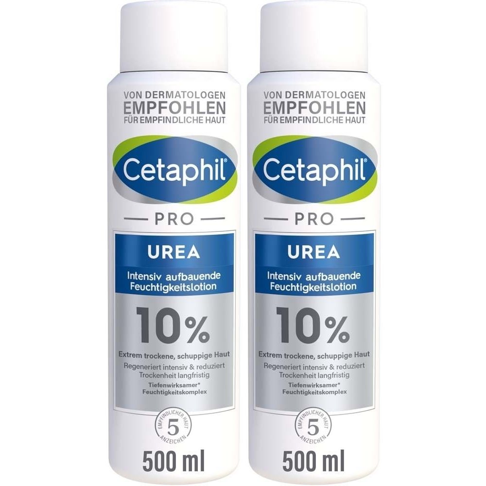 Zwei weiße Flaschen mit weißem Deckel. Aufschrift: Cetaphil PRO UREA 10%. Für extrem trockene Haut. 500 ml.