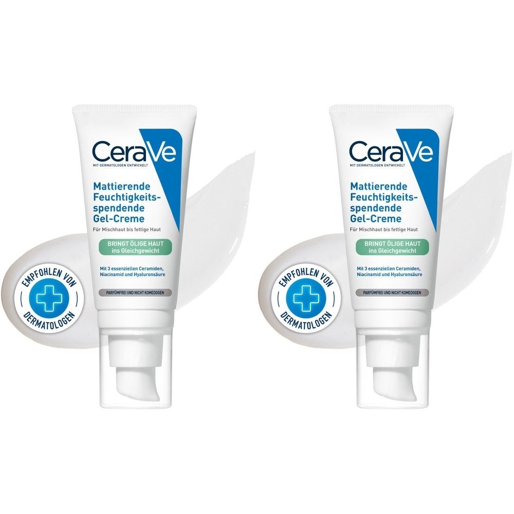 Zwei Tuben CeraVe Mattierende Feuchtigkeitsspendende Gel-Creme mit Spender. Aufschrift: Empfohlen von Dermatologen.
