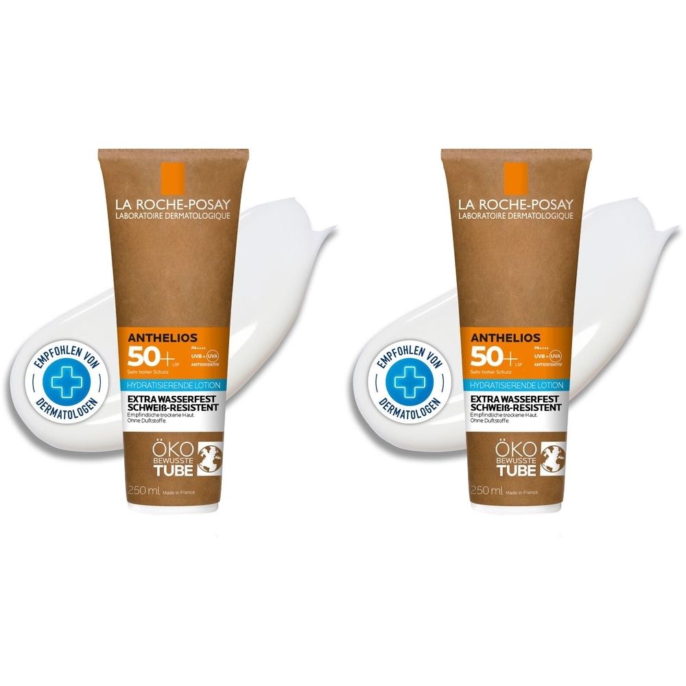 Zwei Tuben La Roche-Posay Anthelios LSF 50+ mit weißem Produkt daneben. Aufschrift: Extra wasserfest, Öko Tube.