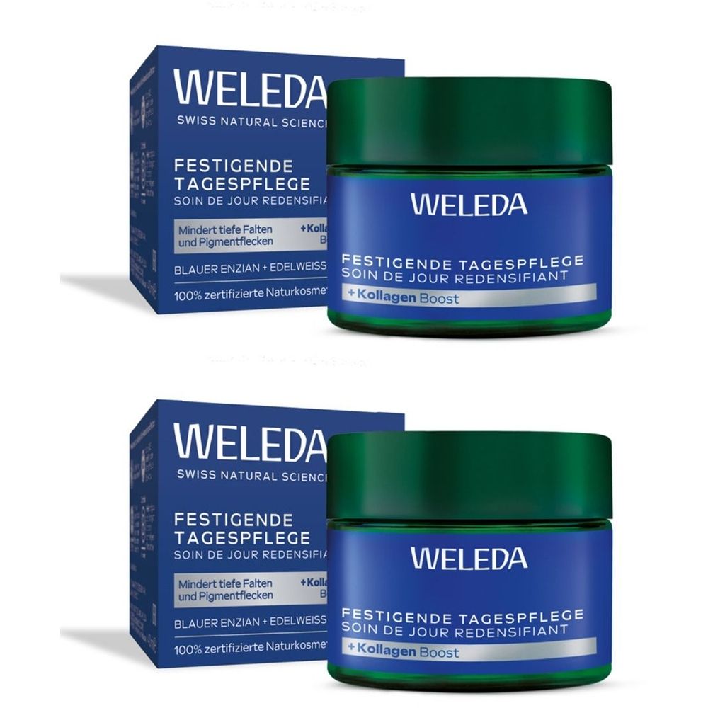 Zwei Tiegel Weleda Tagespflege mit blauer Verpackung und grünen Deckeln. Aufschrift: Festigende Tagespflege, Blauer Enzian & Edelweiss.