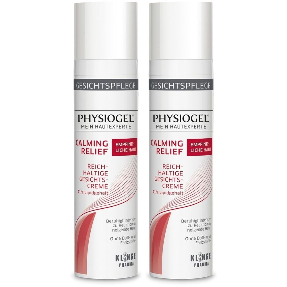 Zwei weiße Flaschen PHYSIOGEL Calming Relief Gesichtscreme. Aufschrift: Gesichtscreme, Mein Hautexperte, 42% Lipidgehalt, für empfindliche Haut.