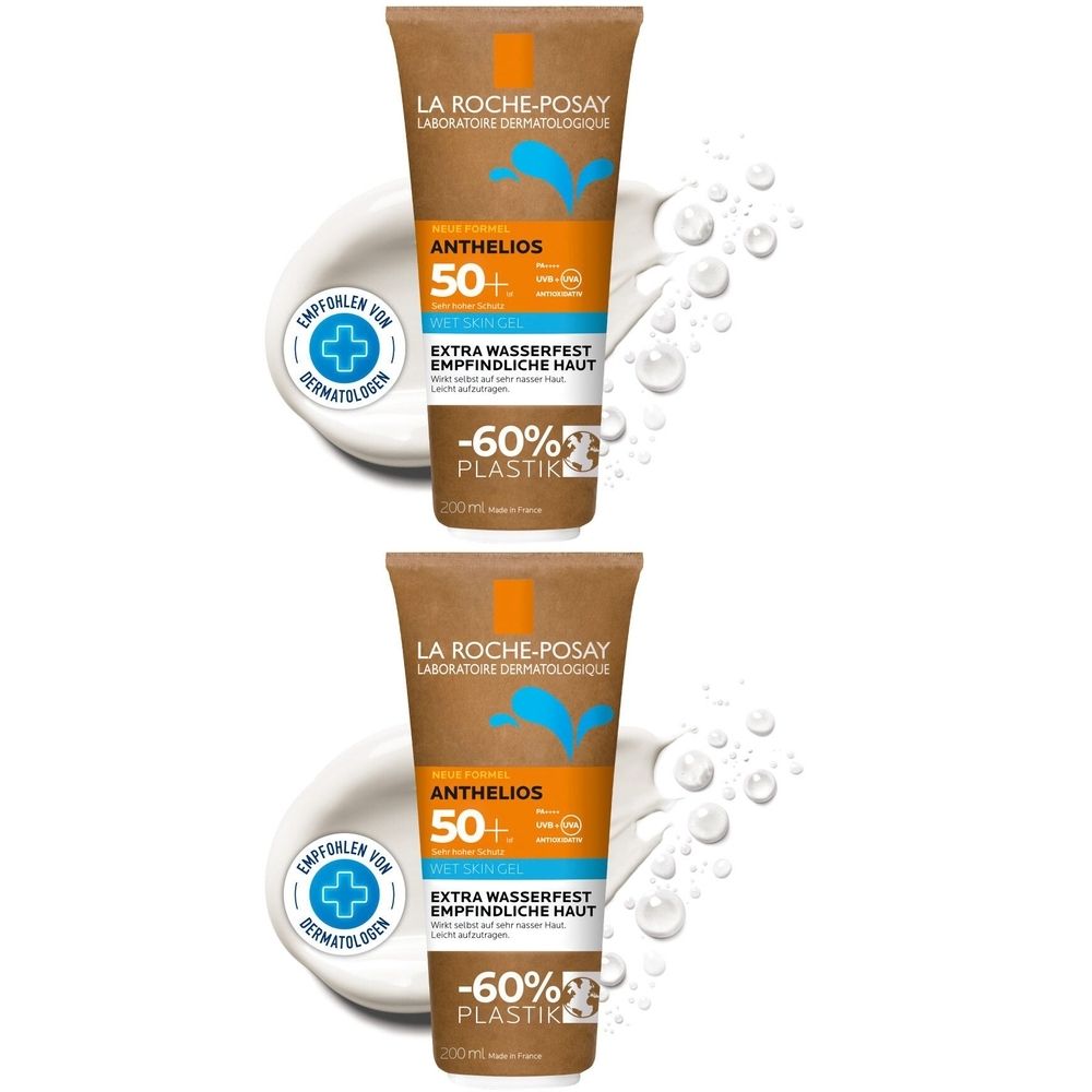 Zwei Tuben Sonnenschutzmittel. Aufschrift: Anthelios 50+ Extra wasserfest. Empfohlen von Dermatologen. -60% Plastik.