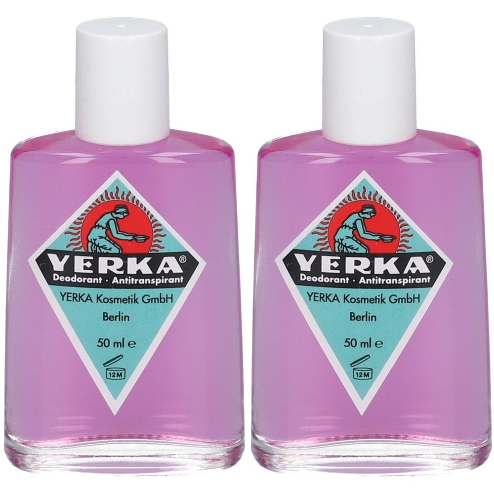 Zwei Flaschen YERKA Deodorant Antitranspirant. Rosa Flüssigkeit in Glasflaschen mit weißem Deckel. Aufschrift: YERKA Kosmetik GmbH, Berlin.
